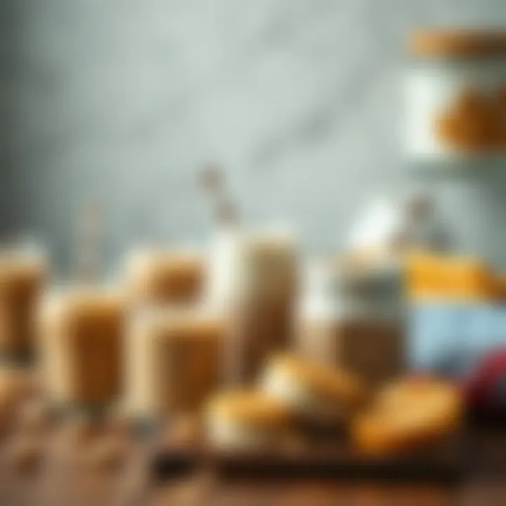 Variety of peanut butter shake recipes displayed on a table