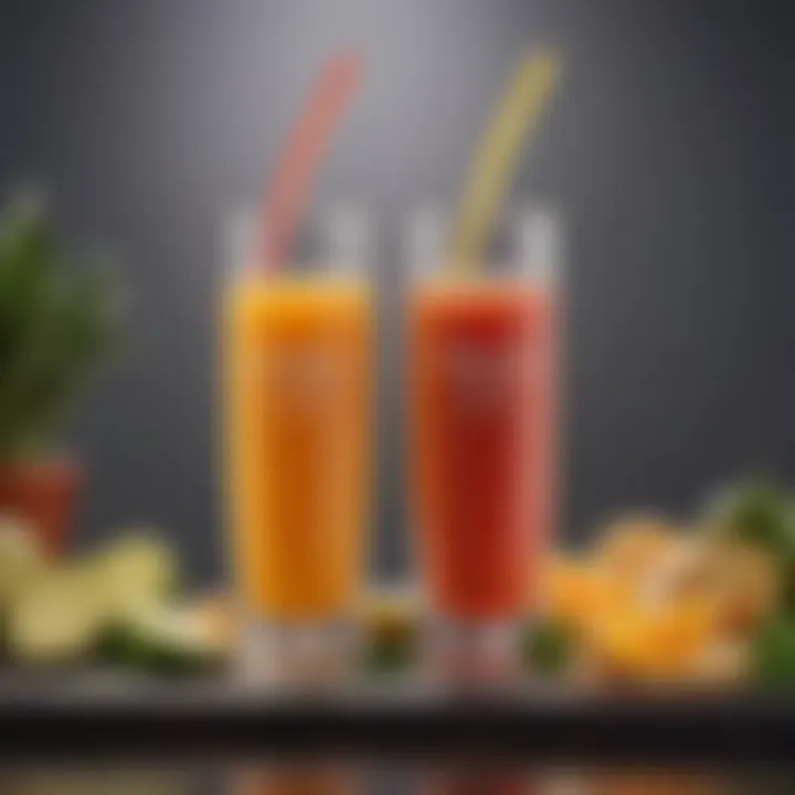 An elegant display of unique omega juice recipes in stylish glasses.