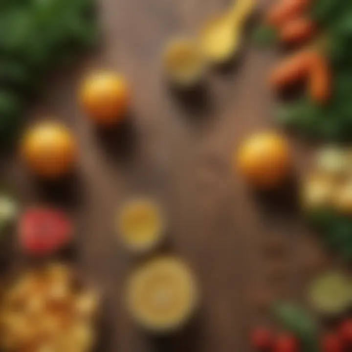 A close-up of omega juice ingredients laid out on a rustic wooden table.