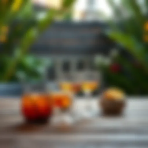 Sophisticated Outdoor Glassware Arrangement Elegant outdoor beverage glasses set on a wooden table