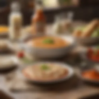 A scenic dining table featuring various dishes with ranch sauce