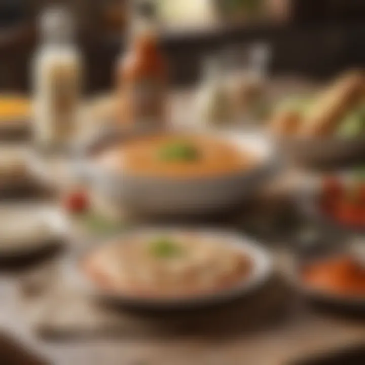 A scenic dining table featuring various dishes with ranch sauce
