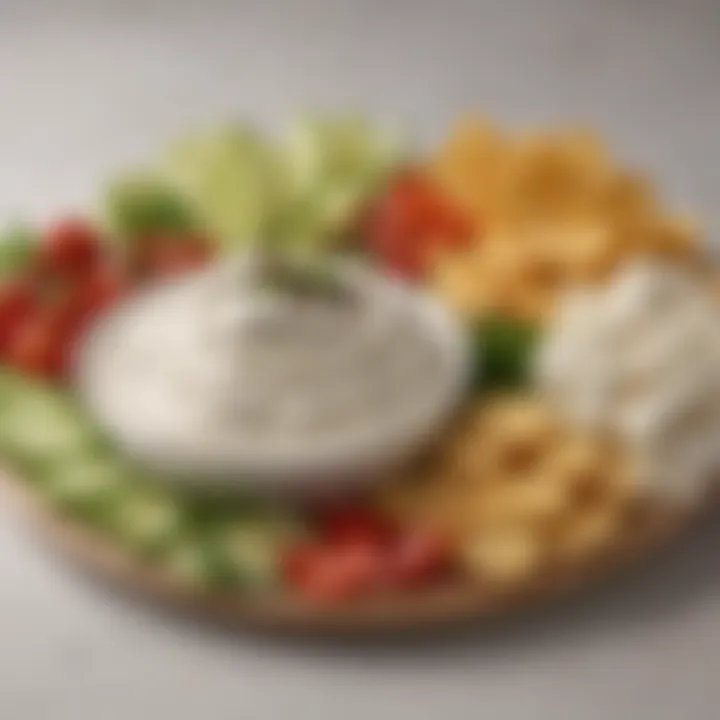 A beautifully arranged platter featuring cream cheese dip with various toppings