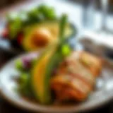 A beautifully plated keto meal featuring avocado and grilled chicken