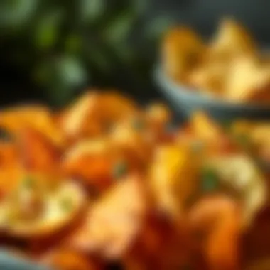 Artistic Presentation of Unique Flavors A close-up of uniquely flavored potato chips arranged artfully with herbs and seasonings.