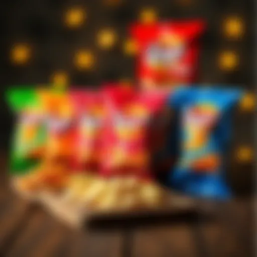 Global Potato Chip Spectrum A vibrant assortment of international potato chip flavors displayed on a rustic wooden table.