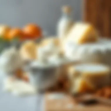 Artfully arranged dairy products including cheese, yogurt, and milk