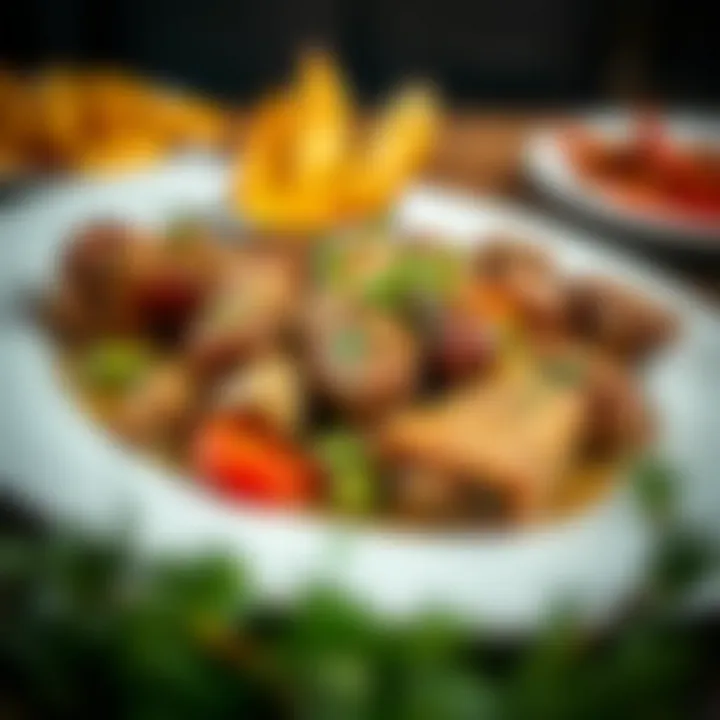 A beautifully plated dish featuring various meats with fresh herbs and spices