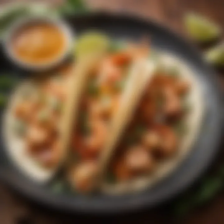 A skillet of sizzling shrimp tacos topped with zesty sauce