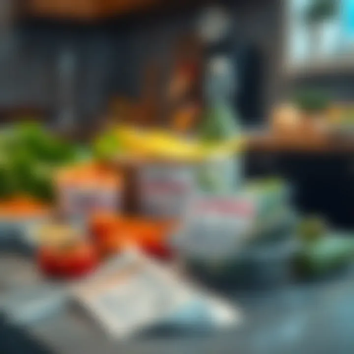 Nutritional labels and a selection of healthy ingredients spread out on a kitchen counter