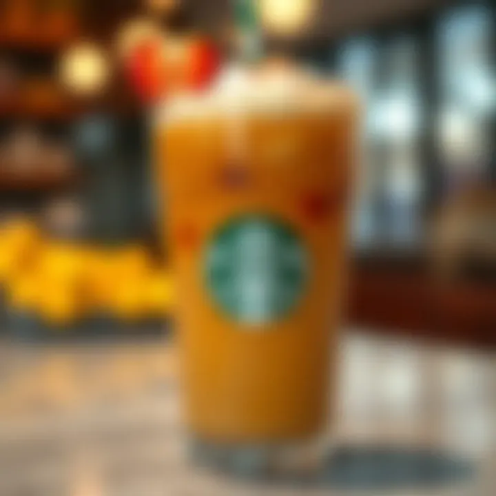 Close-up of a seasonal Starbucks beverage adorned with fresh fruits