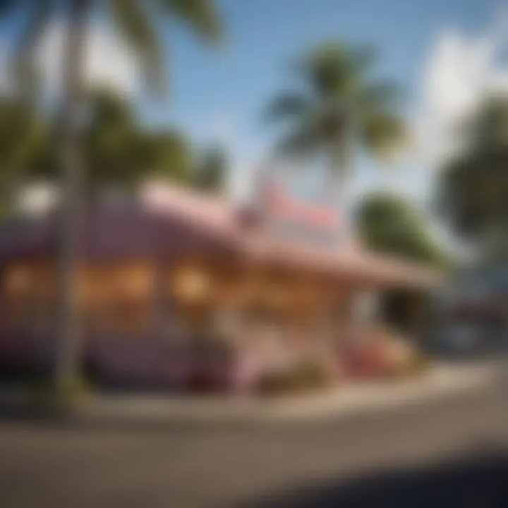 A scenic view of a See's Candy store in Hawaii with palm trees in the background