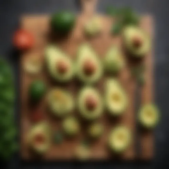 Sliced avocados arranged elegantly on a wooden board