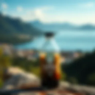 Artistic Presentation of Starbucks Bottled Coffee Starbucks coffee bottle with a scenic backdrop