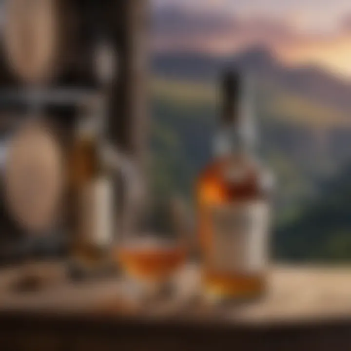 A traditional whisky distillery set against a scenic backdrop