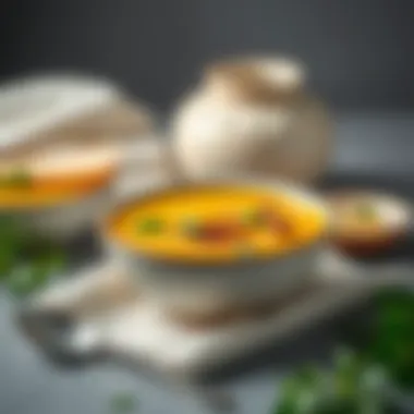 An elegant bowl of soup garnished with fresh herbs and spices