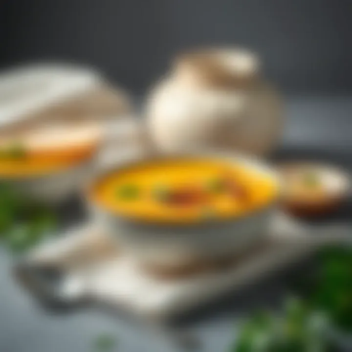 An elegant bowl of soup garnished with fresh herbs and spices