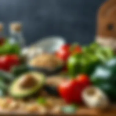 An arrangement of healthy ingredients including quinoa, avocado, and bell peppers