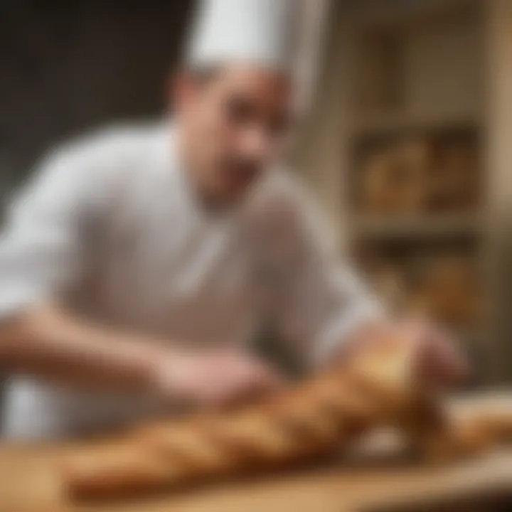 A chef examining the texture of a sliced baguette