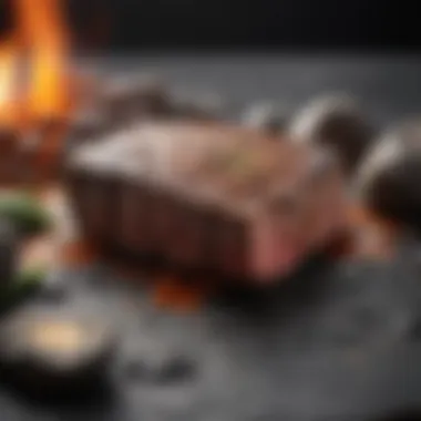 A close-up of perfectly seared steak resting on a bed of hot rocks