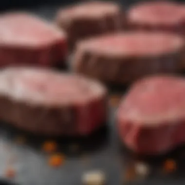 An array of steaks prepared for cooking on hot rocks