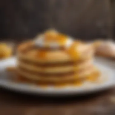 Golden Pancake with Honey Drizzle Close-up of a golden pancake with a drizzle of honey and a sprinkle of powdered sugar