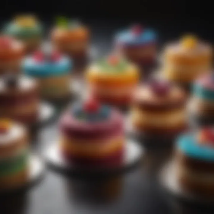 An array of vibrant jewel cakes displayed at an elegant event