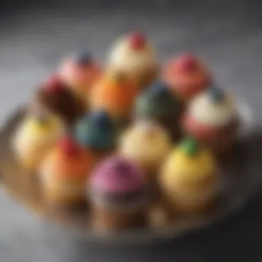 Colorful assortment of mini cupcakes on a decorative platter