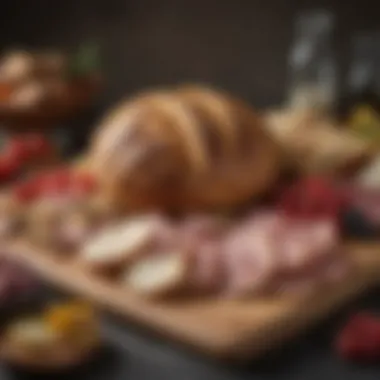 Artisan Breads and Decorative Garnishes An elegant charcuterie platter showcasing artisanal breads and garnishes for presentation