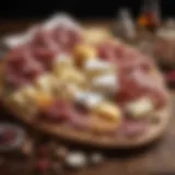 A beautifully arranged charcuterie platter featuring an assortment of cheeses and cured meats