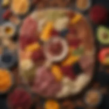 An overhead shot of a charcuterie board with colorful fruits and nuts for added texture