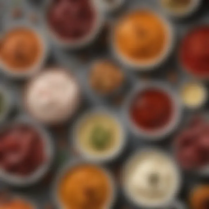 A close-up of unique dipping sauces and spreads that complement various platter components