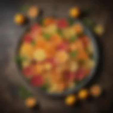 A beautifully arranged platter of various citrus fruits on a rustic table