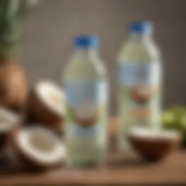 Coconut water packaging options displayed on a wooden table