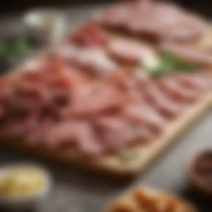 An elegant charcuterie board showcasing various deli sliced hams