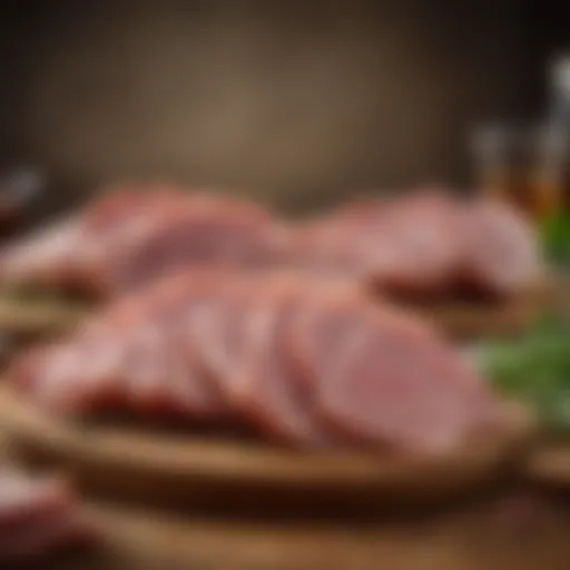 A selection of gourmet deli sliced hams on a wooden board