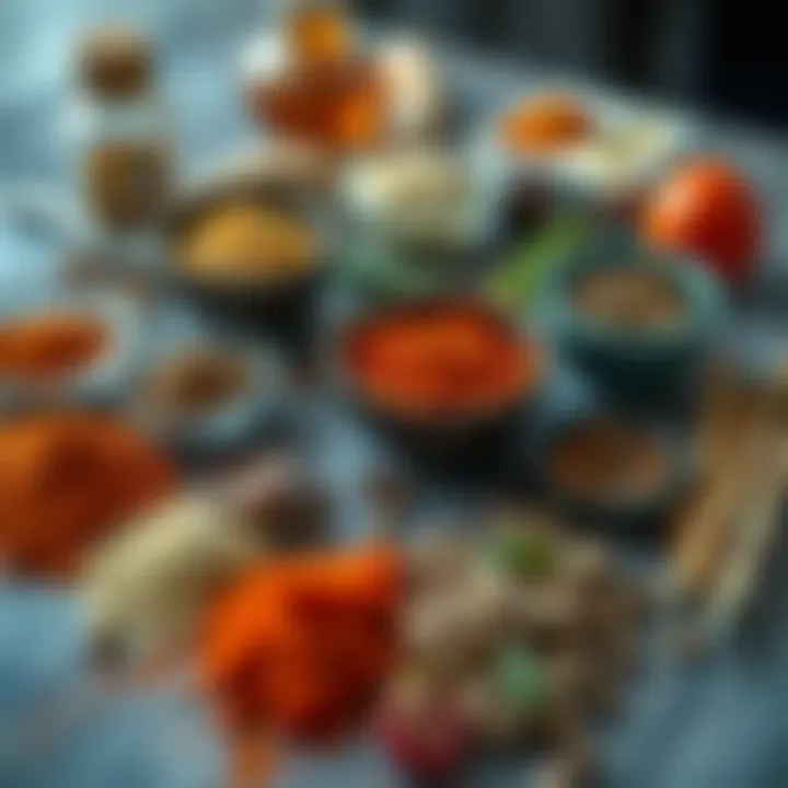 The Art of Flavor Pairing An array of spices and ingredients arranged to illustrate flavor pairings in family recipes.