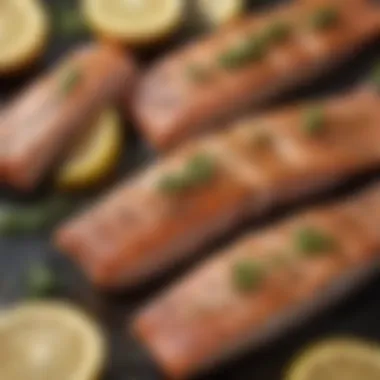 Close-up of marinated fish fillets ready for grilling, highlighting textures and colors