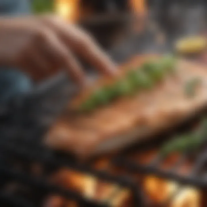 An outdoor grill with fish being expertly cooked, surrounded by fresh herbs and spices