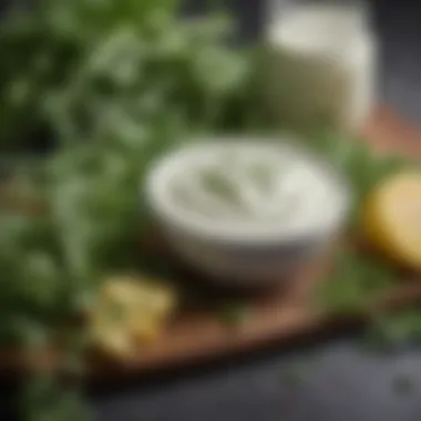 Tangy Ranch Dressing with Fresh Herbs A close-up of a tangy ranch dressing with fresh herbs