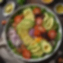 A vibrant salad drizzled with a creamy avocado dressing