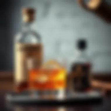 A whiskey bottle and bitters with a glass of Old Fashioned