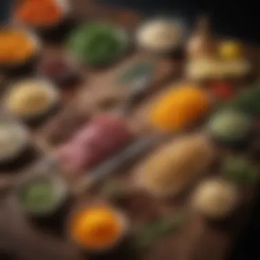 Ingredients Array for Culinary Excellence An array of kitchen ingredients ready for use with six-inch knives
