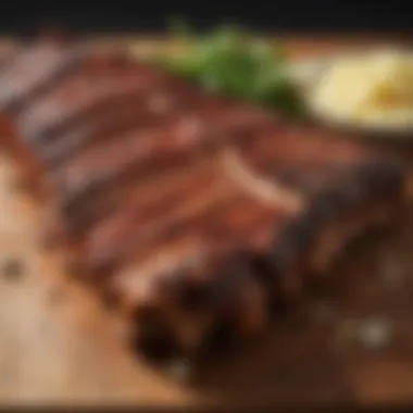 A close-up of a perfectly seasoned rack of ribs