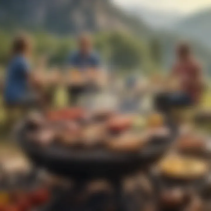 A scenic view of campers enjoying a barbecue meal outdoors