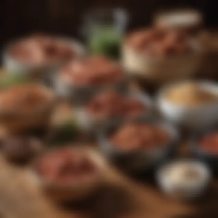 A rustic wooden table with various sausage blends in bowls.