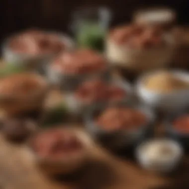Diverse Sausage Blends on Display A rustic wooden table with various sausage blends in bowls.