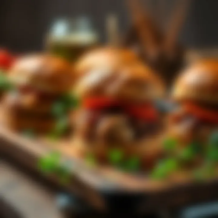 A rustic serving platter showcasing beautifully crafted pulled pork sliders