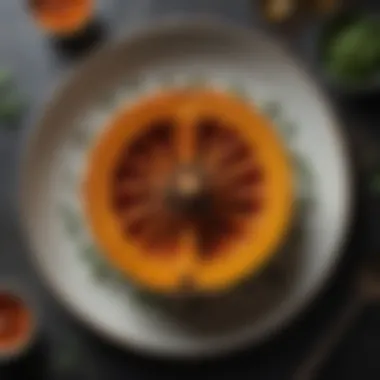 Elegant Dish with Roasted Red Kuri Squash An elegant dish featuring roasted red kuri squash garnished with herbs