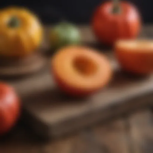 Vibrant red kuri squash on a rustic wooden table
